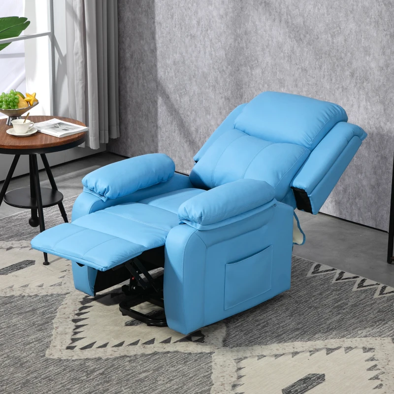 HOMCOM Poltrona Alzapersona Reclinabile con Poggiapiedi e Telecomando, in Pelle PU, 76x90x105 cm, Azzurro