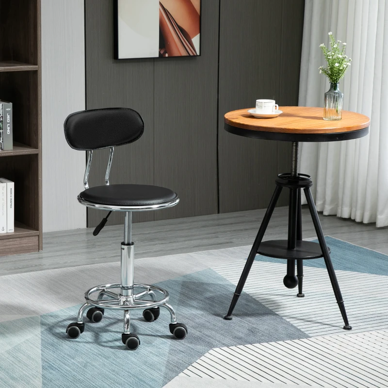 HOMCOM Tabouret à roulettes tabouret de massage pivotant 360° - ergonomique avec dossier - hauteur assise réglable 43,5-59 cm - revêtement synthétique noir et métal chromé