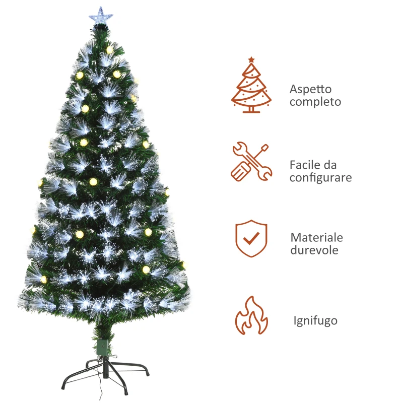 HOMCOM Albero di Natale Artificiale 150cm con Luci Incorporate e 180 Rami, Albero di Natale con Luci a LED e Fibre Ottiche, Base Pieghevole Rimovibile