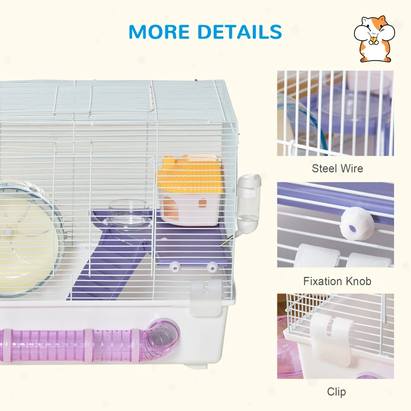 PawHut 2 Tier Hamster Cage Gerbil Rodent House Small Animal Habitat with Exercise Wheels Tunnel Tube Water Bottle Dishes Ladder, White