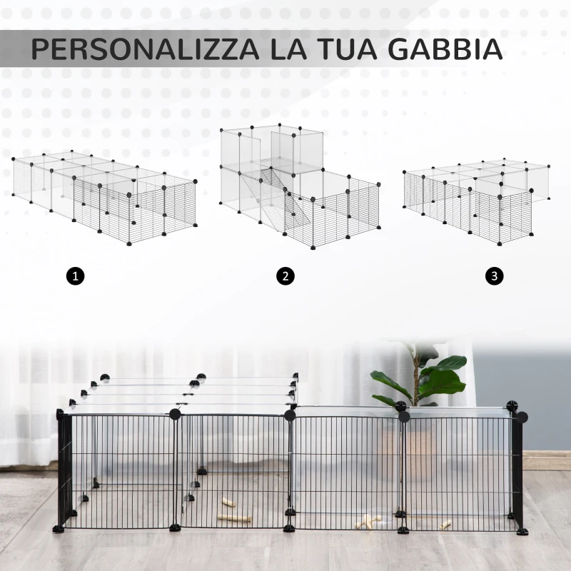 PawHut Recinto per Animali Modulabile con Pannelli 35x35 cm e Accessori, in Acciaio e PP, 140x70x70 cm, Nero