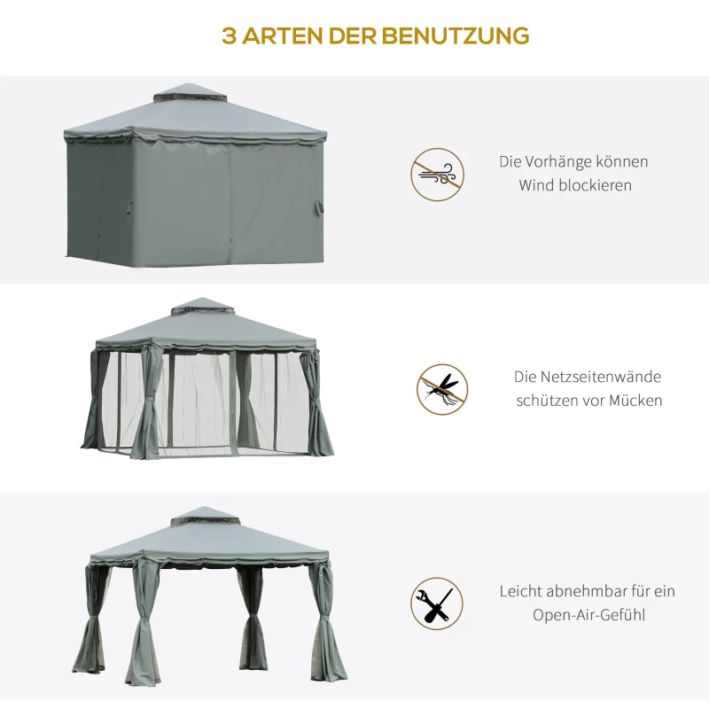 Outsunny Gartenpavillon Pavillon Gartenzelt Festzelt Partyzelt mit 4 x Seitenwand wetterfest Aluminium Polyester Grau 3 x 3 x 2,7 m