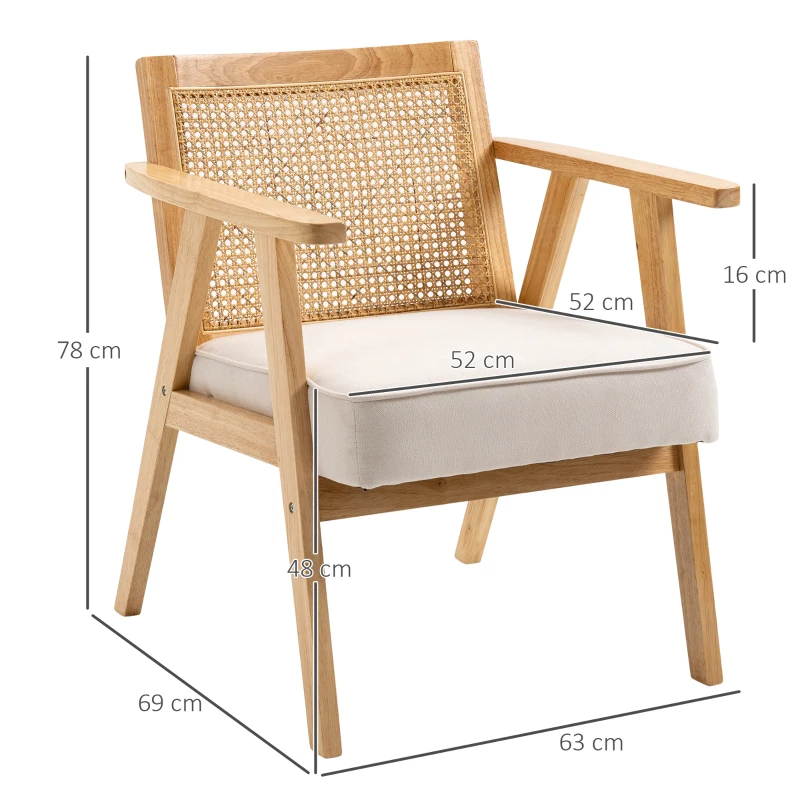 HOMCOM Fauteuil de salon confortable Chaise en Rotin avec Coussin épais- Dossier en cannage - Assise Profonde - Structure en Bois hévéa Aspect Lin Beige(m-3)