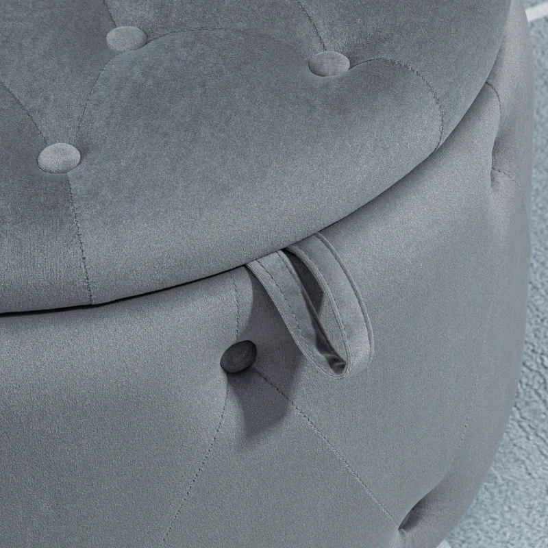 HOMCOM Hocker, rund, mit Staufach, Steppdesign mit Knöpfen, Bezug in Samtoptik, grau, 60 x 60 x 40cm