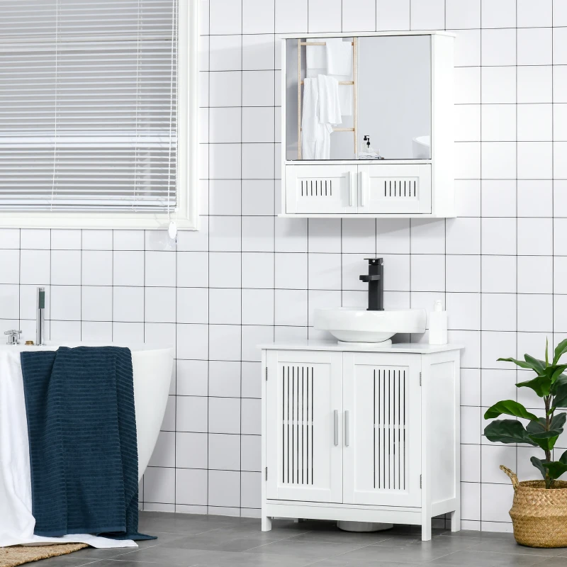 kleankin Meuble sous lavabo + armoire murale de salle de bain avec miroir avec étagère réglable poignées alliage aluminium