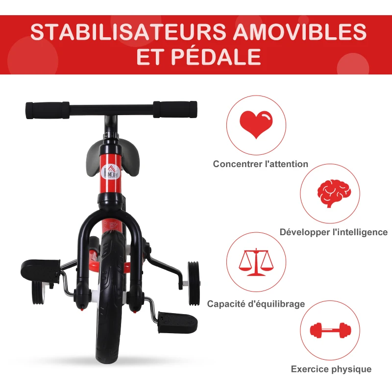 HOMCOM Vélo Enfant draisienne 2 en 1 roulettes et pédales Amovibles Roues 12" Hauteur Selle réglable pour enfants de 2 à 5 ans Acier Rouge