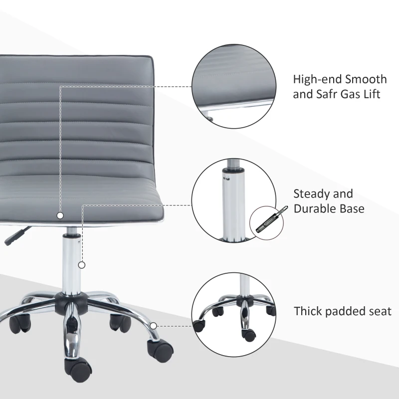 HOMCOM Armless Task Desk Chair, Swivel Office Chair with Faux Leather, Adjustable Seat Height, Chrome Base, Wheels for Home, Light Grey
