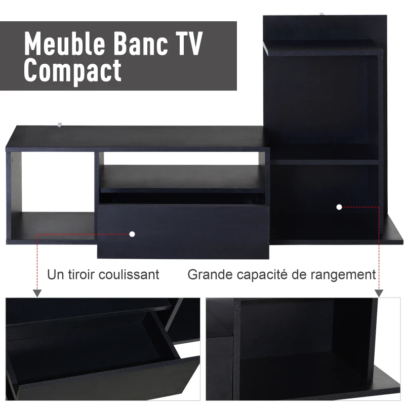 HOMCOM Meuble TV design contemporain multi-rangements grand plateau 3 niches 2 étagères tiroir mélaminé noir mat