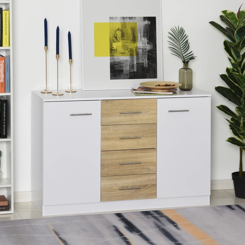 HOMCOM Buffet commode meuble de rangement 4 tiroirs coulissants 2 placards avec étagère blanc chêne clair