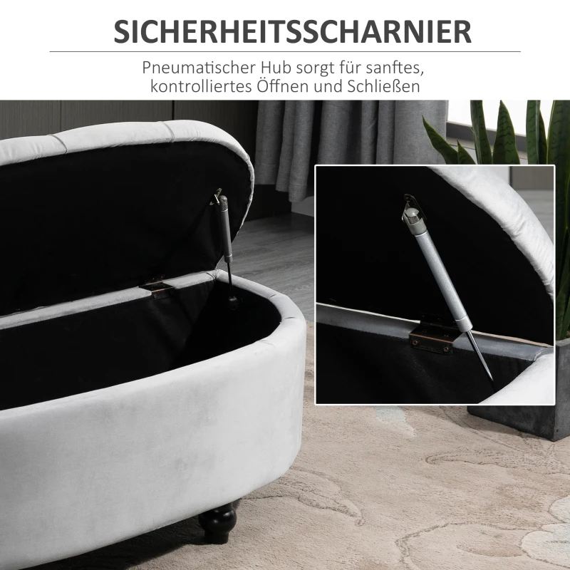 HOMCOM Sitzbank mit Stauraum Polsterbank mit Samtoptik, geöffnetem Deckel Sitztruhe mit Holzbeine, Truhenbank für Wohnzimmer Flur Schlafzimmer 120 x 46 x 42 cm, Grau