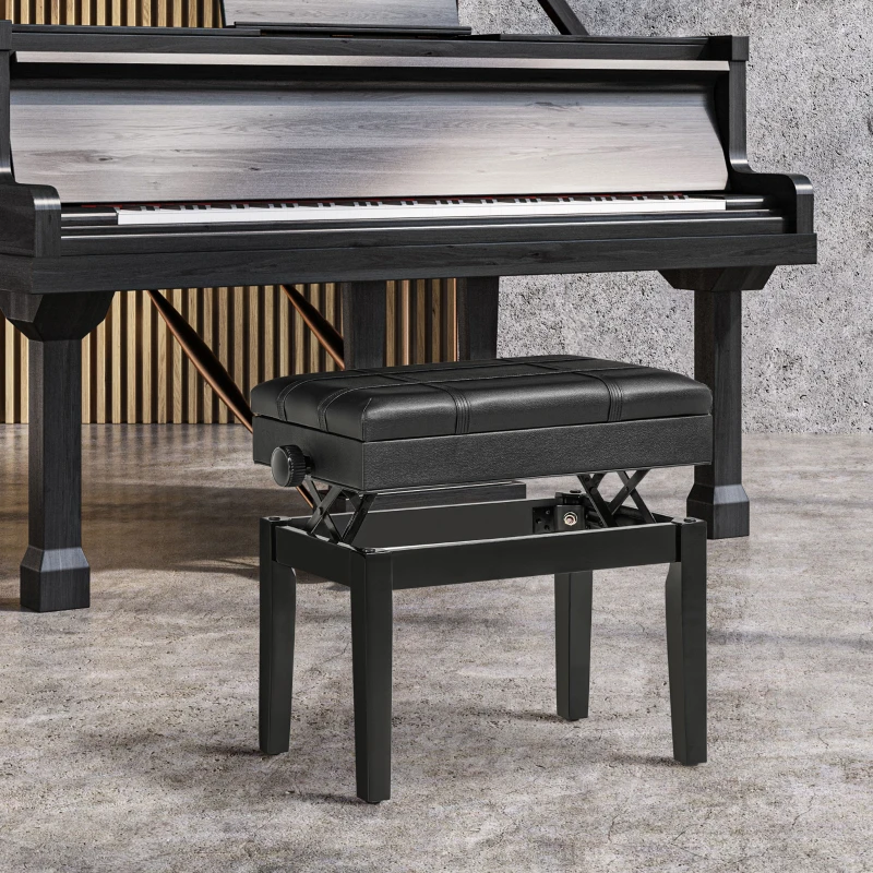 HOMCOM Banquette tabouret siège pour piano coffre intégré hauteur réglable bois hévéa assise revêtement synthétique noir