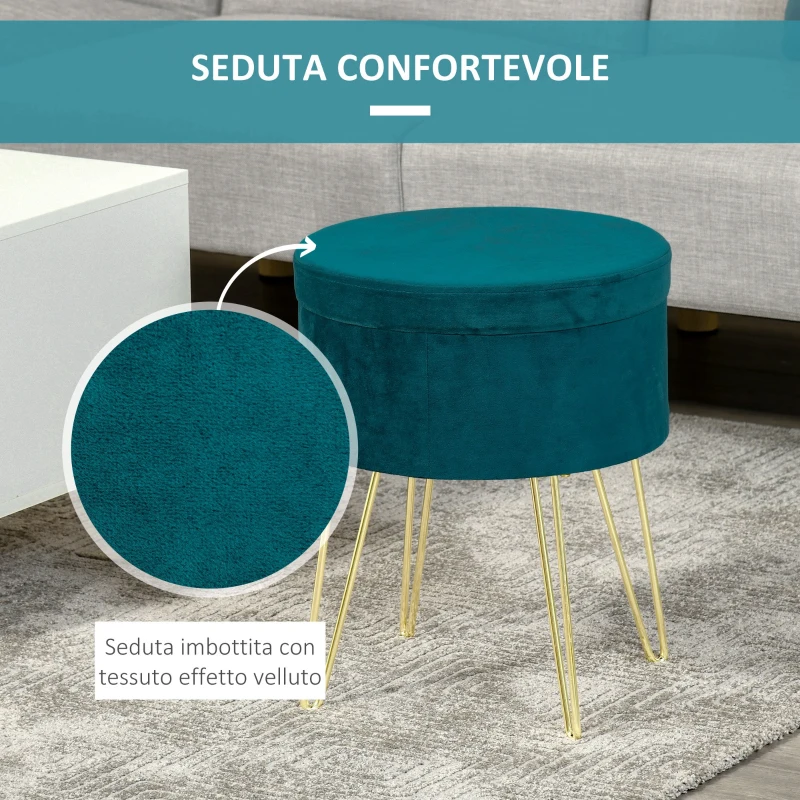 HOMCOM Pouf Contenitore 2 in 1 con Funzione Sgabello e Tavolino, in Legno e Tessuto Verde, Metallo con Finitura Oro, 36x36x45cm