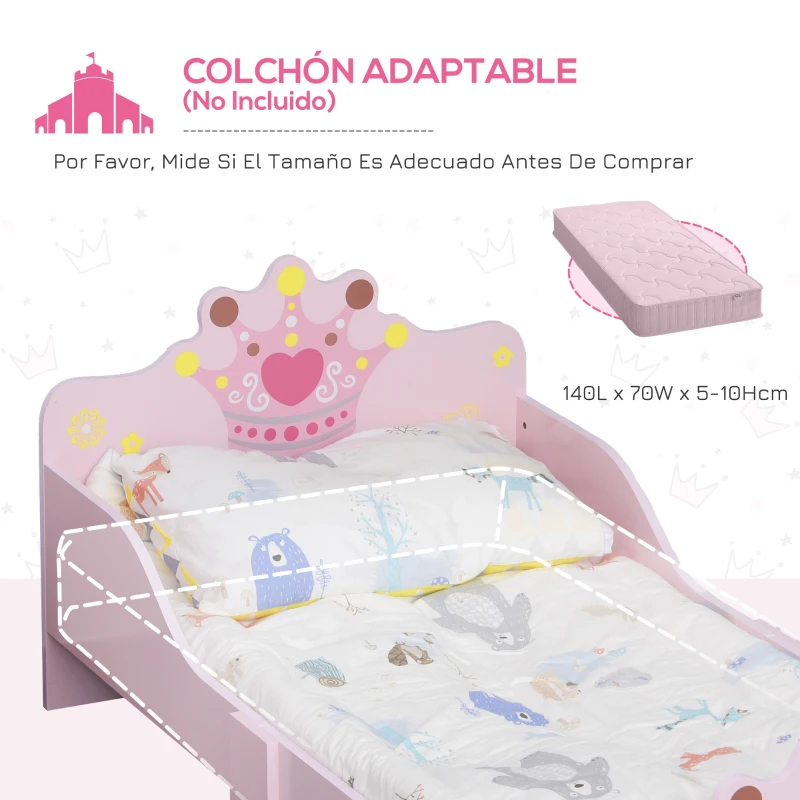 HOMCOM Cama Infantil de +3 Años 143x73x60 cm con Estampado de Corona Carga 50 kg para Dormitorio Rosa