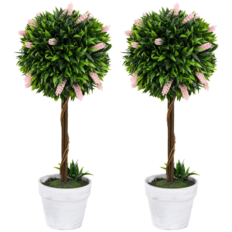 HOMCOM Set of 2 Decorative Artificial Plants Ball Trees with Flower for Home Indoor Outdoor Decor, 60cm ,Pink