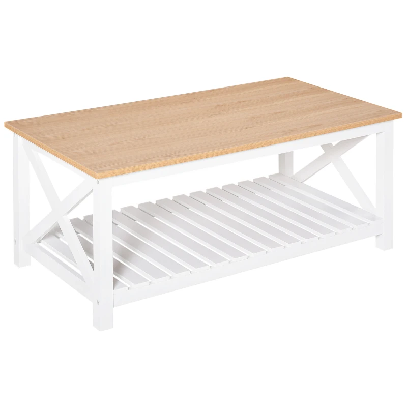 HOMCOM Beistelltisch Couchtisch Kaffeetisch stabiler Teetisch Wohnzimmertisch Bauernhausstil MDF Natur+Weiß 116 x 60 x 48 cm