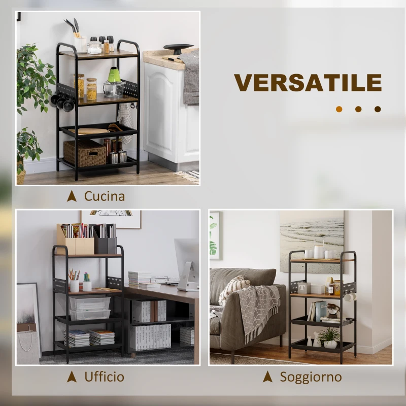 HOMCOM Mobile Cucina a 4 Livelli con 6 Ganci, 2 Vassoi e 4 Ripiani Rimovibili in MDF e Acciaio, 60x40x112 cm, Marrone