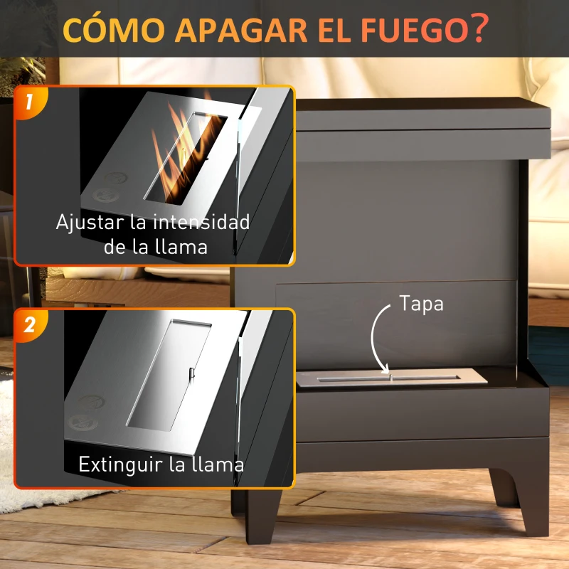 HOMCOM Estufa de Bioetanol de Pie con Tanque de 0,9 L Apagallamas de Acero Inoxidable Tiempo de Combustión 3,3H Negro