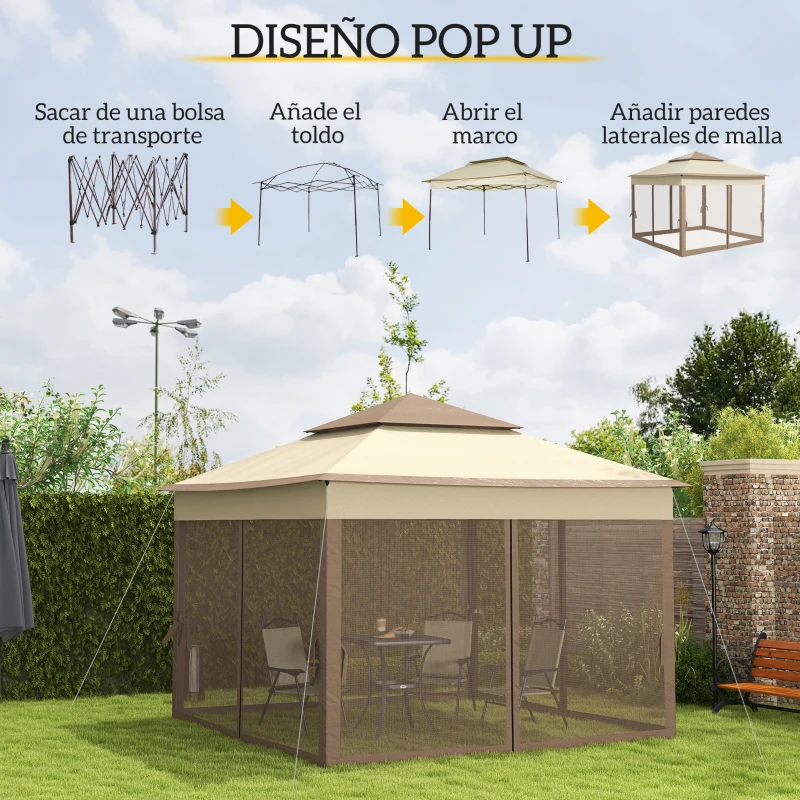 Outsunny Carpa Plegable 3x3x2,7 m Cenador de Jardín con Doble Techo Mosquitera y Bolsa Transporte Color Marrón Claro