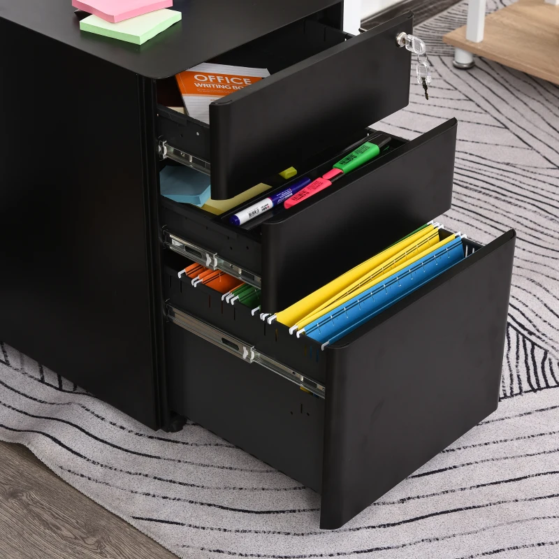 Vinsetto Rollcontainer mit 3 Schubladen mobiler Aktenschrank mit Rollen abschließbar Büroschrank mit Hängeregistratur Stiftfach, Bürocontainer für Büro, Homeoffice, 39 x 48 x 59 cm Schwarz