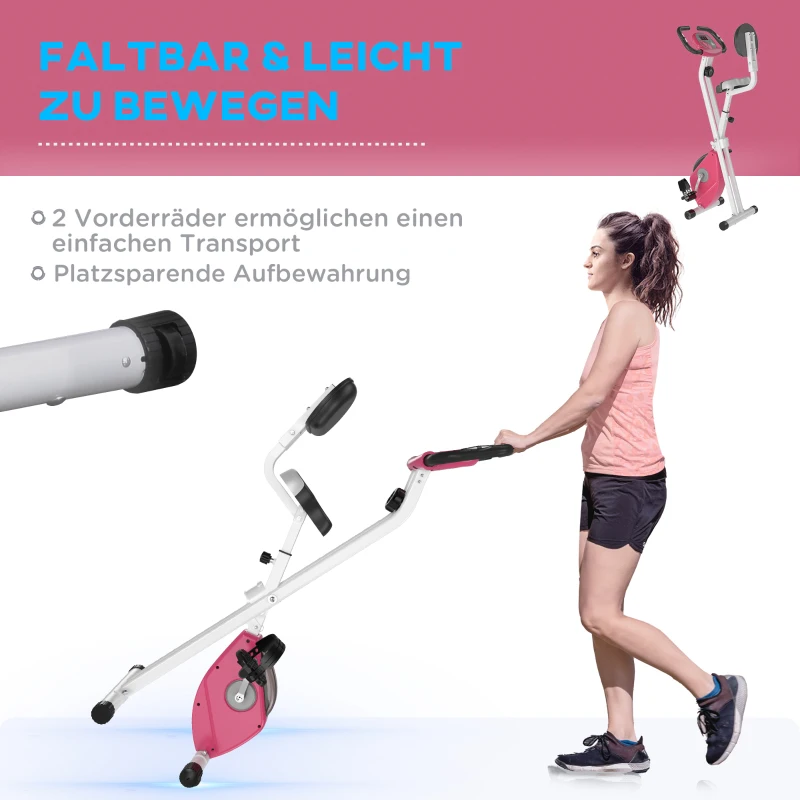 HOMCOM Heimtrainer Fahrradtrainer klappbar Magnetisch Hometrainer Fahrrad mit LCD Monitor, 8 stufig einstellbarem Magnetwiderstand, Platzsparend Fitnessbikes für Zuhause Rosa+Weiß