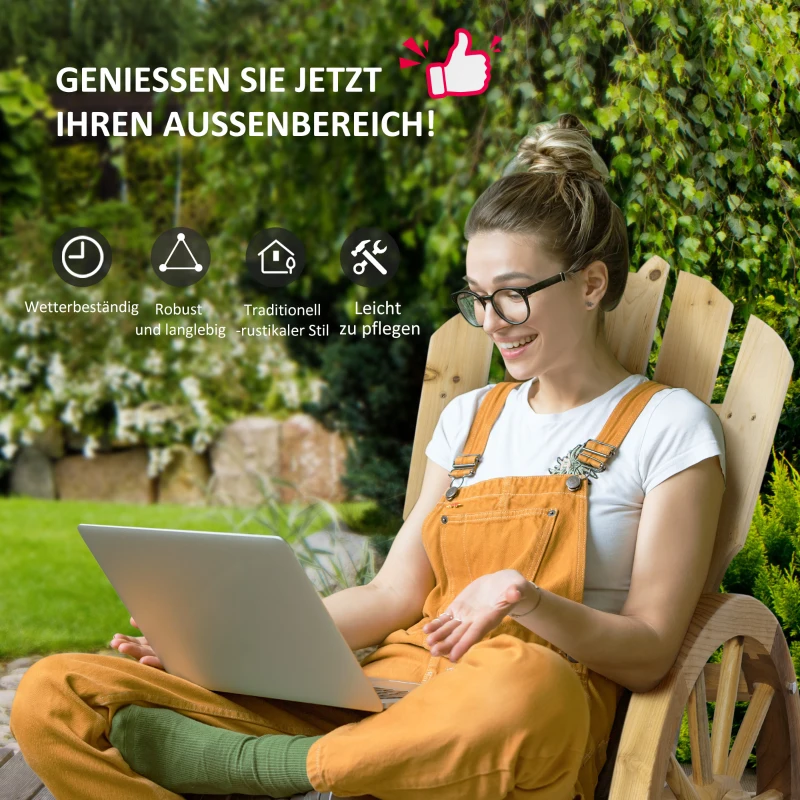 Outsunny Rustikaler Schaukelstuhl, Gartenstuhl, Wagenrad-Design, wetterfest, Tannenholz, 68 x 88 x 92 cm