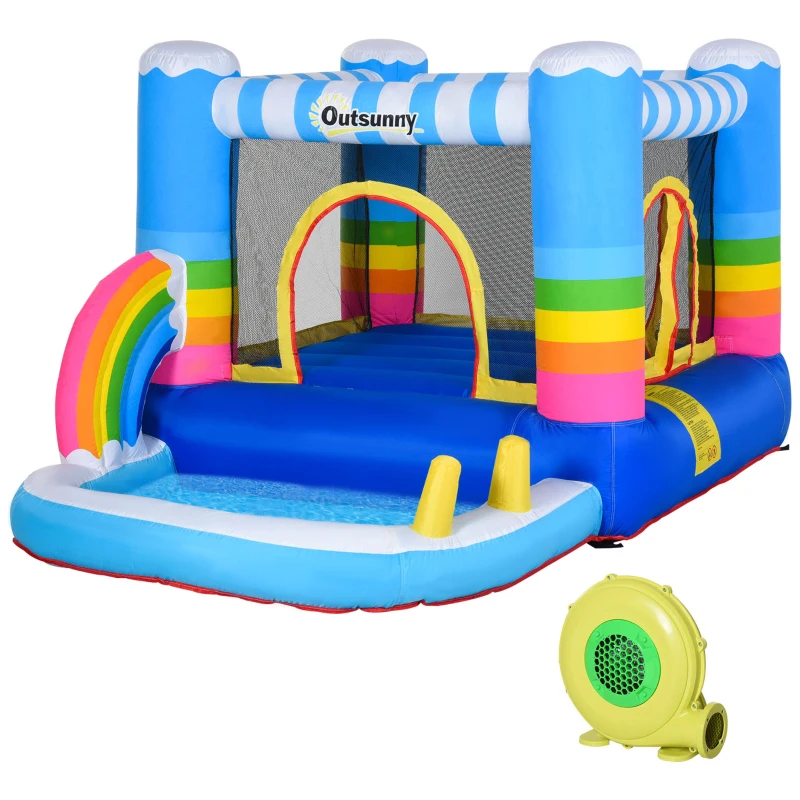 Outsunny Hüpfburg mit Gebläse Rutsche für 3 Kinder aufblasbare Springburg mit Wasserspielcenter für 3-8 Jahre Kinder Outdoor Wasserpark für Kinder Wasserhüpfburg Garten mehrfarbig 280 x 170 x 155 cm