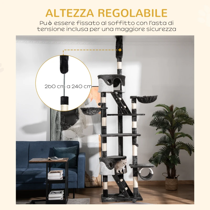 PawHut Tiragraffi per Gatti a Soffitto con Altezza Regolabile 240-260 cm, Albero Tiragraffi per Gatti Multilivello con Cucce, Amache e Scale, Corde in Sisal, Grigio Scuro e Bianco