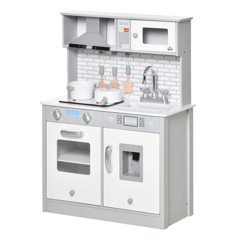 HOMCOM Kinderküche Spielküche aus Holz Küchenspielzeug mit Zubehör Musikspielküche Spielzeugset Spielzeugküche für 3–6 Jahre Grau 60 x 29 x 84 cm