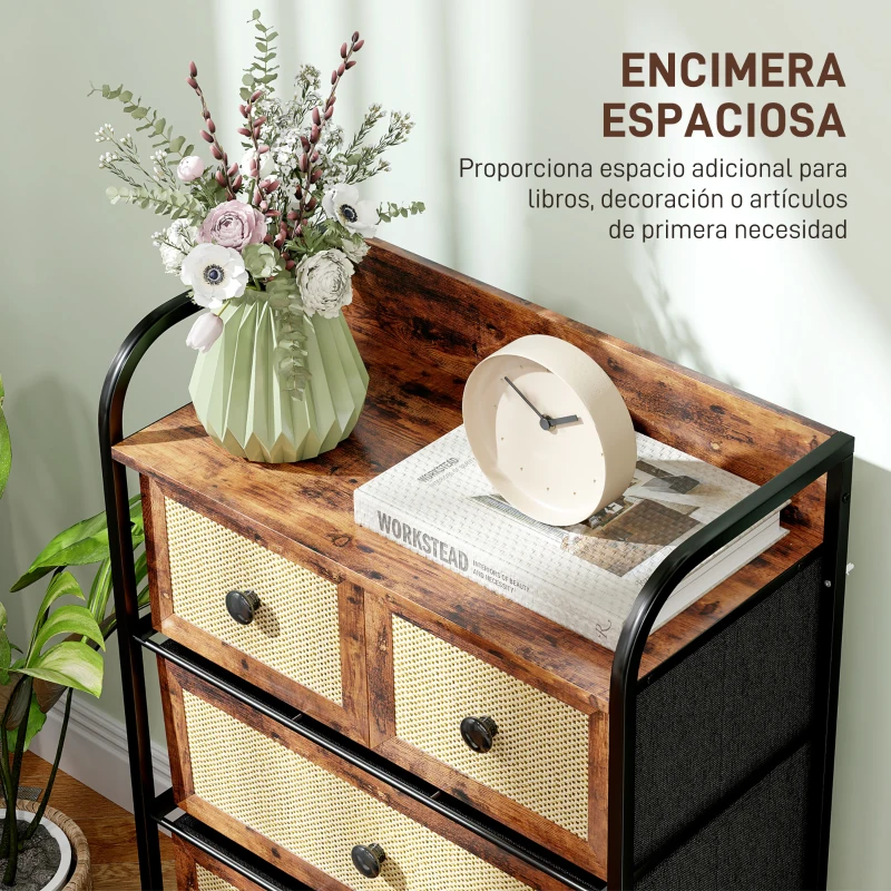 HOMCOM Cómoda para Dormitorio con 5 Cajones con Frentes de Ratán y Marco de Acero 58x29x99 cm Marrón Rústico