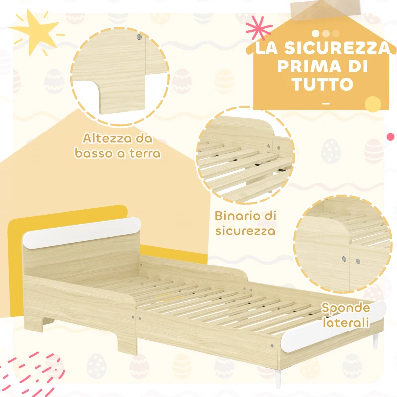 AIYAPLAY Letto per Bambini 3-10 Anni Basso con Sponde Laterali Alte, in Legno, 194.8x103x60.5 cm, Bianco e color Legno