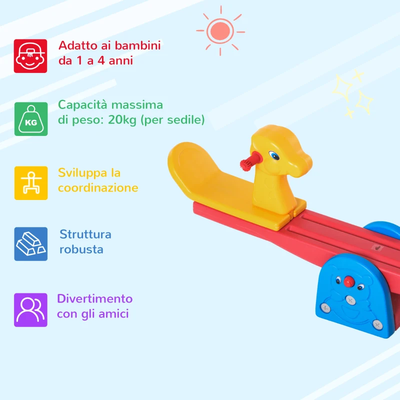 HOMCOM Altalena a Bilico con Maniglie Antiscivolo per Bambini Età 1-4 Anni, Plastica HDPE Atossica, 150x32x60cm, Multicolore