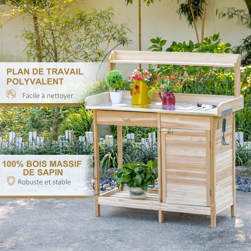 Outsunny Table de rempotage table de jardinage avec 2 étagères, tiroir, placard, plateau tôle acier galvanisé avec rebord, 3 crochets - table de plantation bois sapin