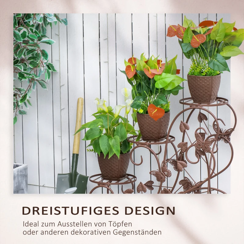 Outsunny Blumenständer, Pflanzenregal, Dreistufiger Blumenstand, Blumentreppe im französischem Stil, Pflanzenstand, Metall, Bronze, 76 x 27 x 67 cm