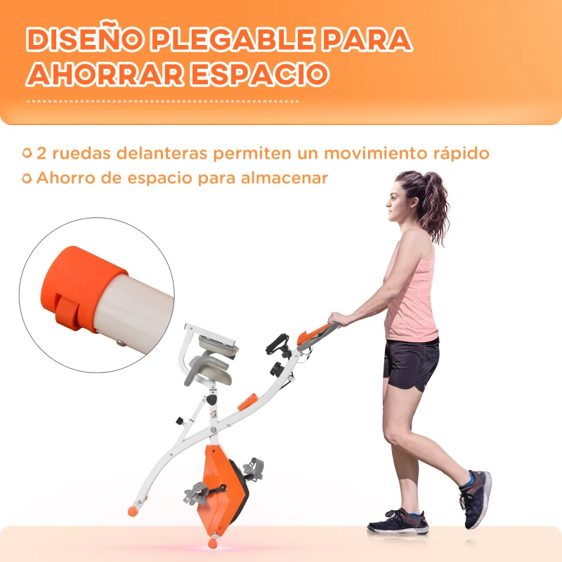 HOMCOM Bicicleta Estática Plegable Regulable en Altura Resistencia Magnética Ajustable Bici Estática con Pantalla LCD Asiento con Respaldo Sensor de Pulso Carga 120 kg para Casa 105x48x118 cm Naranja