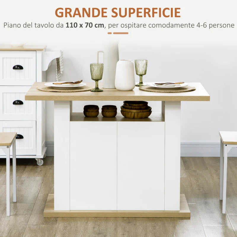 HOMCOM Isola per Cucina 4-6 Persone con Armadietti e Ripiani Aperti, in Truciolato, 110x70x75.5 cm, Bianco e color Legno(m-5)