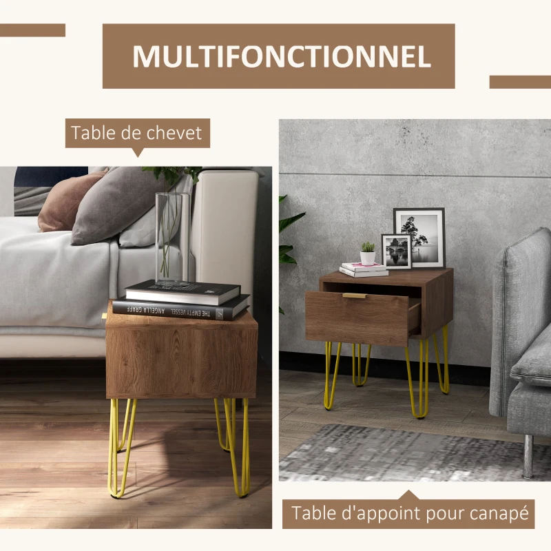 HOMCOM Table de chevet table de nuit avec tiroir table d'appoint en bois - pieds en épingle acier doré 39,5L x 41l x 49H cm