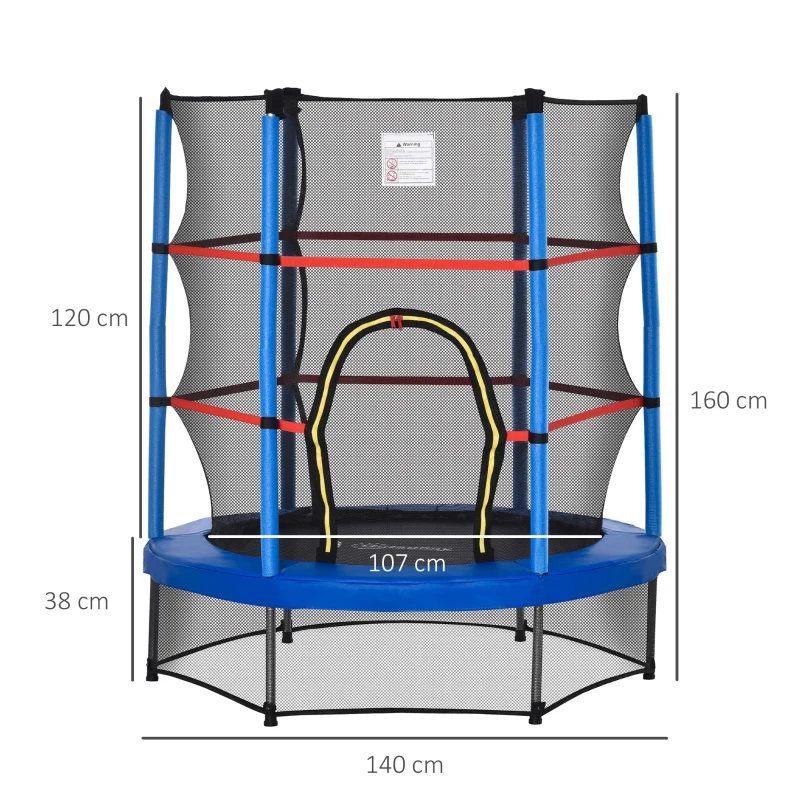 HOMCOM Tappeto Elastico per Bambini da 3 Anni con Rete di Protezione e Corde Bungee Ø140x160Acm, Blu