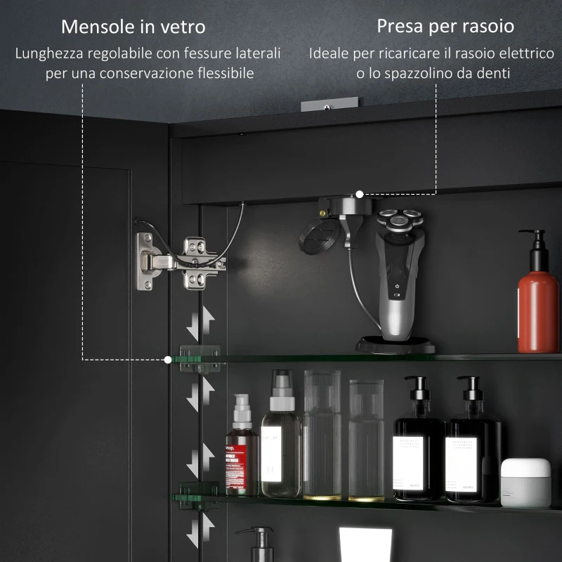 HOMCOM Armadietto a Specchio d Bagno con Luci LED e Ripiani Regolabili, in Vetro e Alluminio, 80x12.8x60 cm, Nero