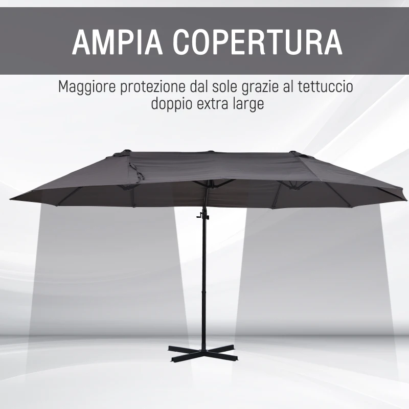 Outsunny Ombrellone Doppio da Giardino in Metallo e Poliestere Anti-UV Impermeabile, 445x270x260cm, Grigio