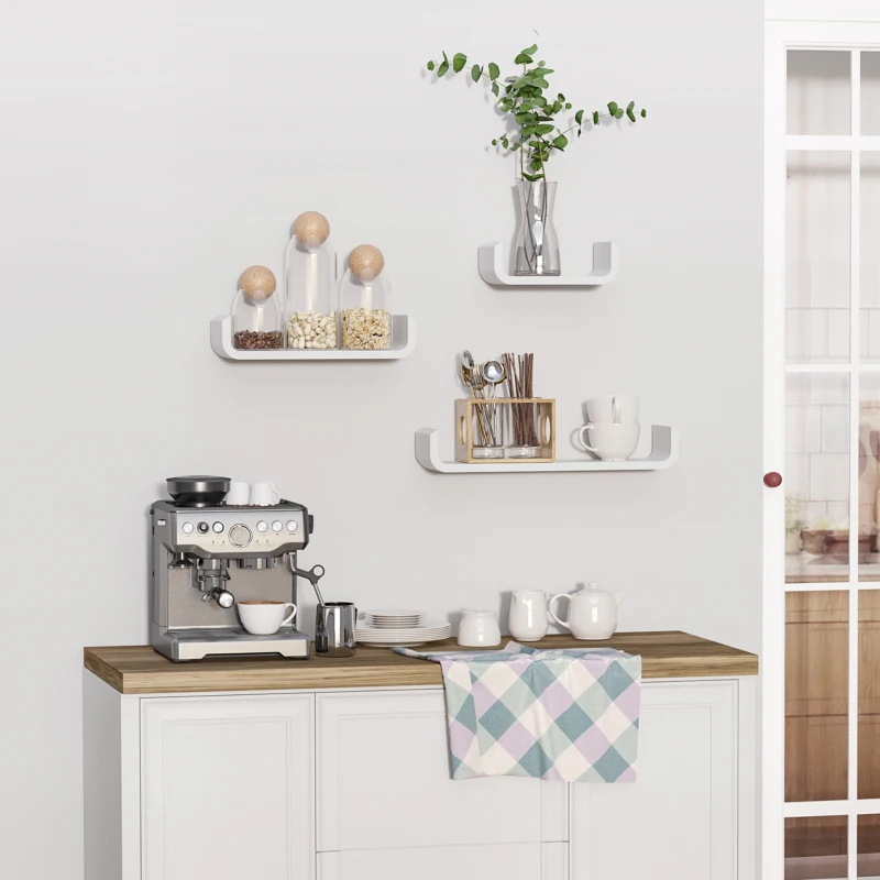 HOMCOM Set de 3 Estanterías Flotantes 60/45/30x15x10 cm Estantes de Pared de Madera Almacenamiento de Libros Fotos Decoración para Salón Pasillo Habitación Blanco