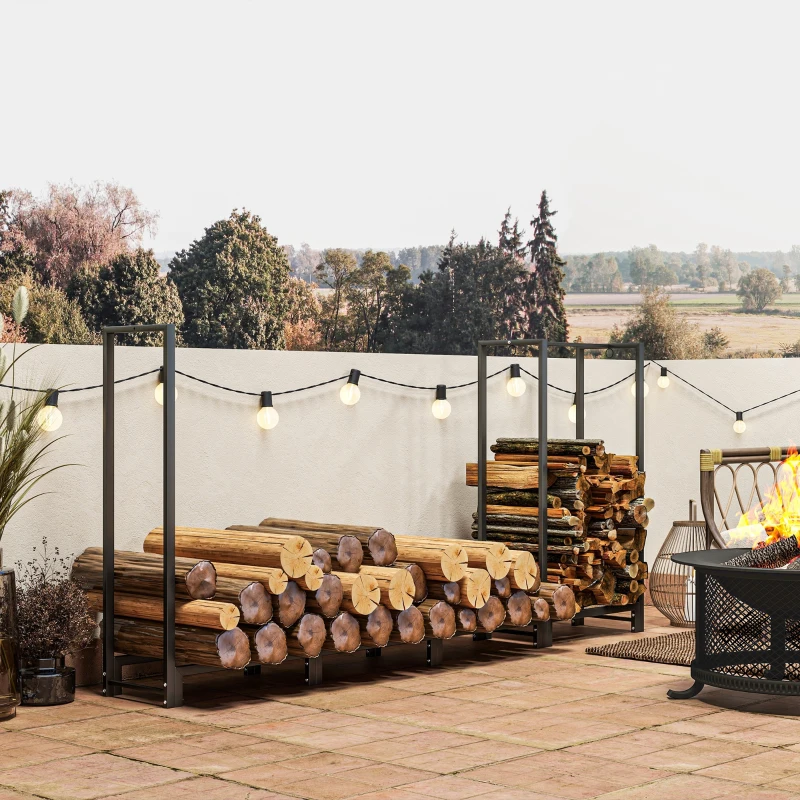 Outsunny Feuerholzgestell, zwei Abschnitte, rostfreier Stahlrahmen, bis 300 kg, 240 x 32 x 115 cm, Schwarz