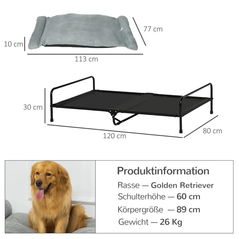 PawHut Erhöhtes Hundebett Hundeliege Haustierbett Schlafplatz Hundesofa Hundebett mit Kissen im Innen- und Außenbereich Netzstoff Schwarz+Hellgrau 120 x 80 x 30 cm