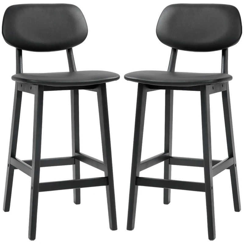 HOMCOM Set of Two Wooden Classic Bar Stools, with Faux Leather Seats - Black