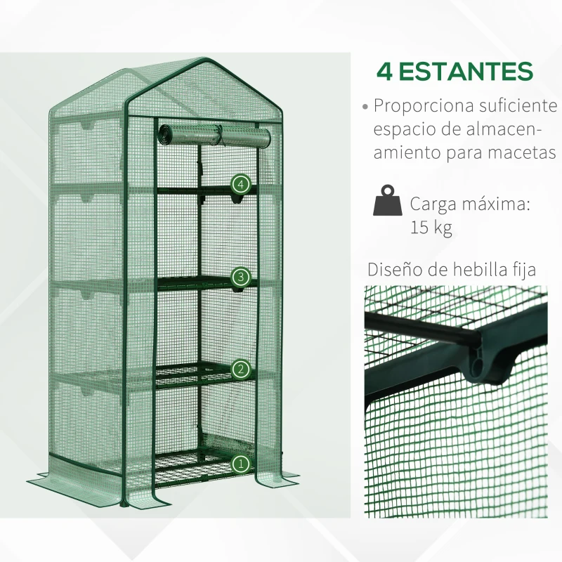 Outsunny Invernadero de Jardín Invernadero de Terraza con 4 Estantes de Alambre y Puerta Enrollable Invernadero para Macetas Plantas Flores Exterior 69x49x158 cm Verde