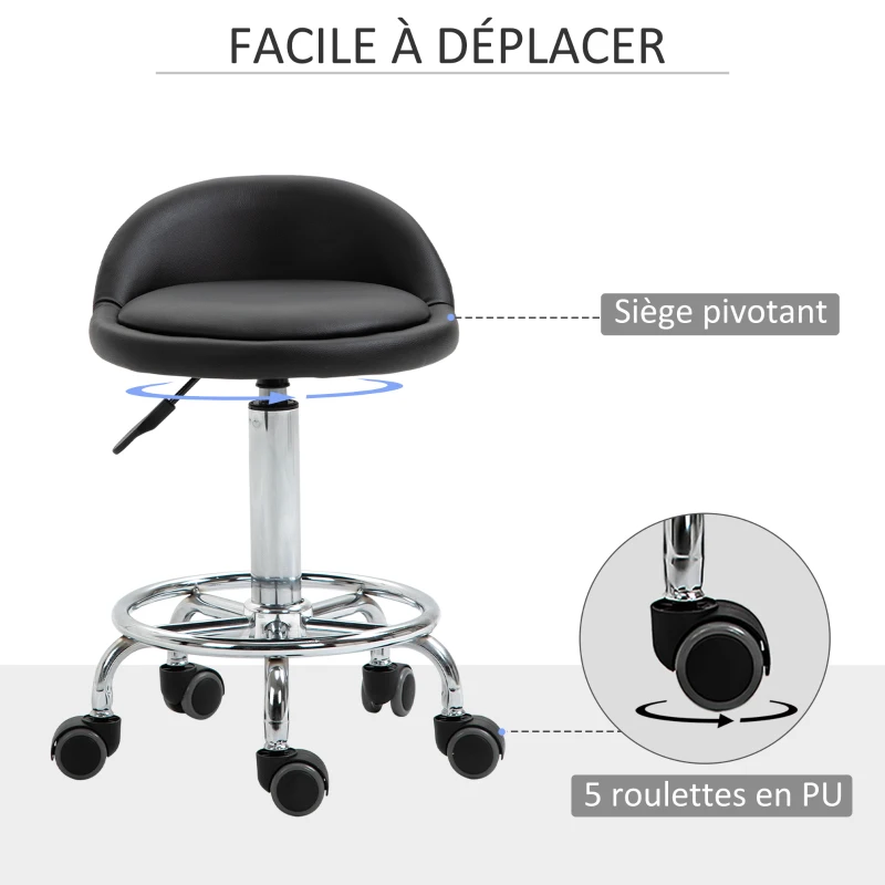 HOMCOM Lot de 2 tabouret à roulette pivotant 360°, assise réglable 47-62H cm, acier chromé revêtement synthétique noir