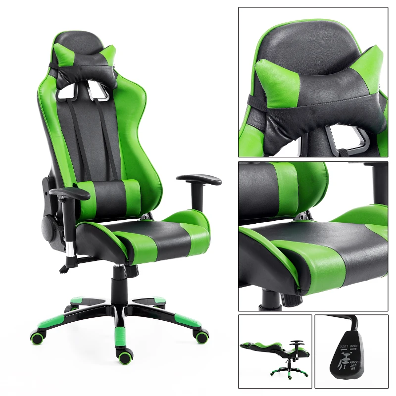 HOMCOM Silla de Oficina Silla Ergonómico Reclinable y Basculante Altura Ajustable Giratorio con Ruedas Reposacabezas y Soporte Lumbar Carga 120 kg 67x67x123-132 cm Verde