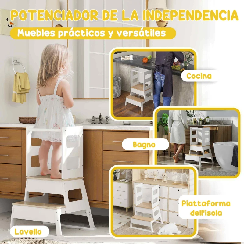 AIYAPLAY Torre de Aprendizaje para Niños de +3 Años con Pizarra y Barrera de Seguridad para Baño Cocina 55x52,5x87,5 cm Blanco
