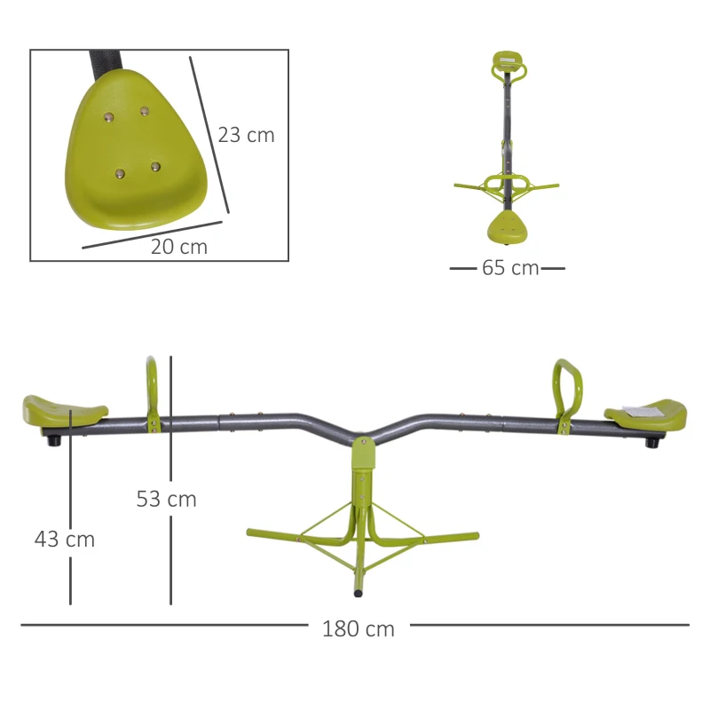 HOMCOM Altalena Basculante Girevole 360° per Bambini 3-7 anni da Giardino in Metallo, Sali e Scendi, Carico Massimo 35kg, 180x65x53 cm, Verde