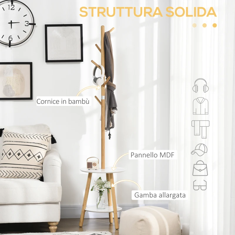 HOMCOM Appendiabiti da Terra per Ingresso in MDF e Alluminio con 5 Ganci in Bambù e Tavolino Rotondo, 39.5x39.5x171 cm