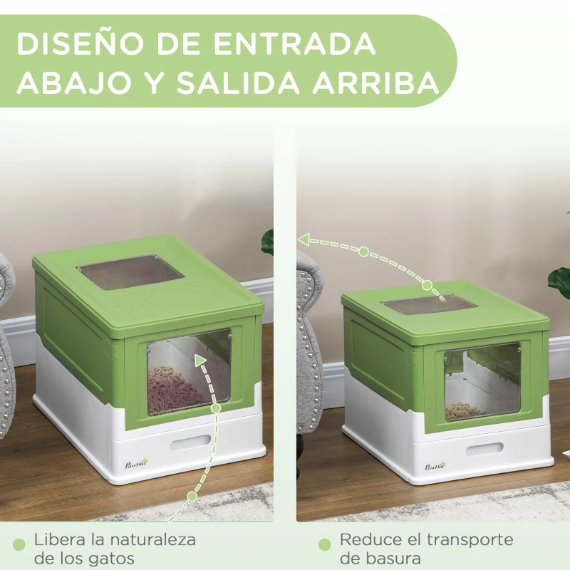 PawHut Arenero Cubierto para Gatos Desmontable con Entrada Frontal y Salida Superior 47,5x35,5x36,7 cm Verde Aguacate y Blanco